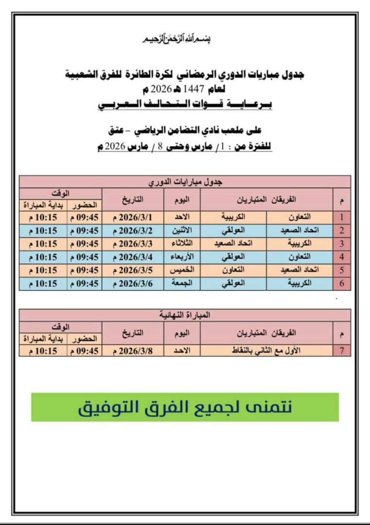 بدعم ورعاية قوات التحالف اليوم انطلاق منافسات الدوري الرمضاني لكرة الطائرة بمحافظة شبوة بدعم ورعاية قوات التحالف اليوم انطلاق منافسات الدوري الرمضاني لكرة الطائرة بمحافظة شبوة
